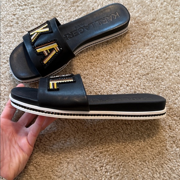 Karl Lagerfeld Jeslyn Patch logo slide sandal black rhinestone shoe size - Picture 2 of 5